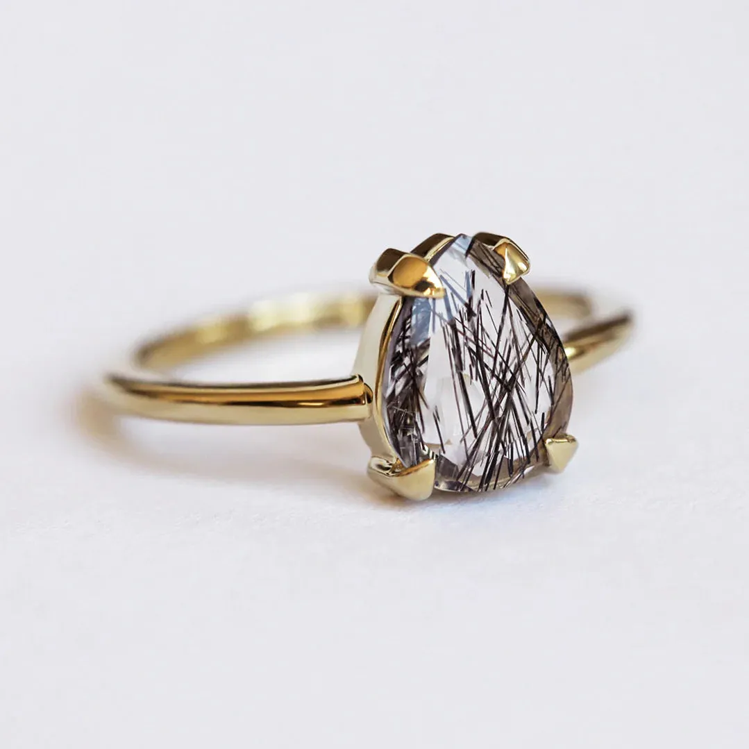 Melinda Ring Set with Pear Black Rutile Quartz and Moissanite Stacking Band