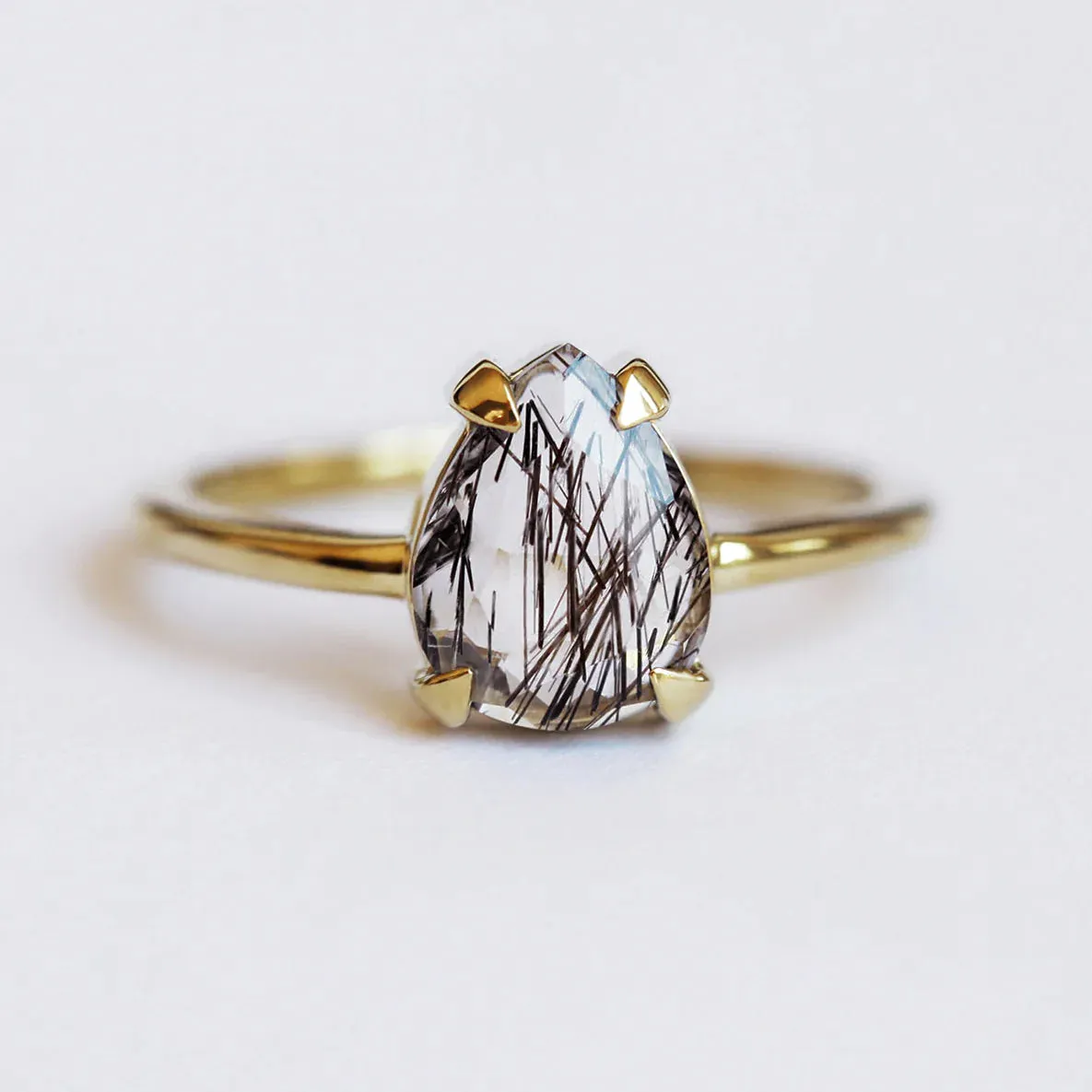 Melinda Ring Set with Pear Black Rutile Quartz and Moissanite Stacking Band