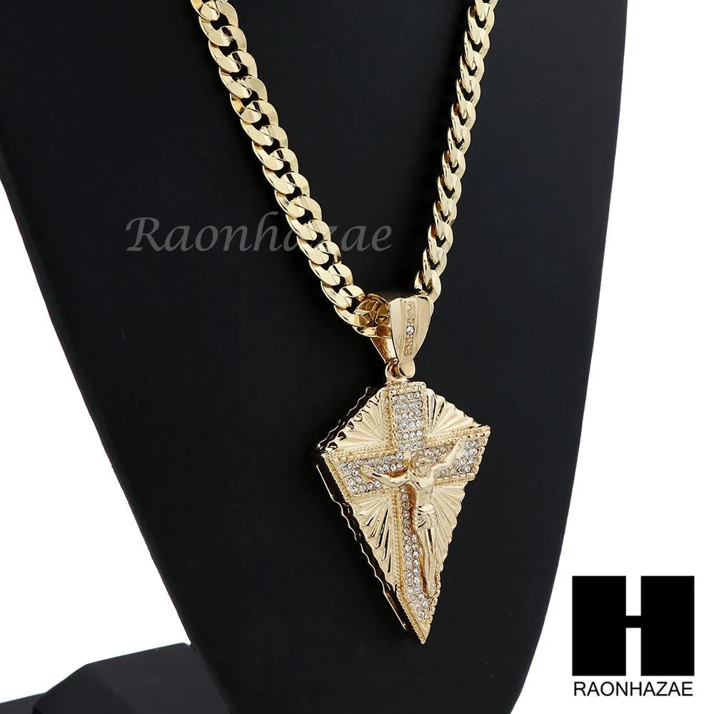 MENS CRUCIFIX CROSS PENDANT DIAMOND CUT CUBAN LINK CHAIN NECKLACE N39