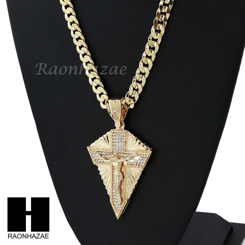 MENS CRUCIFIX CROSS PENDANT DIAMOND CUT CUBAN LINK CHAIN NECKLACE N39