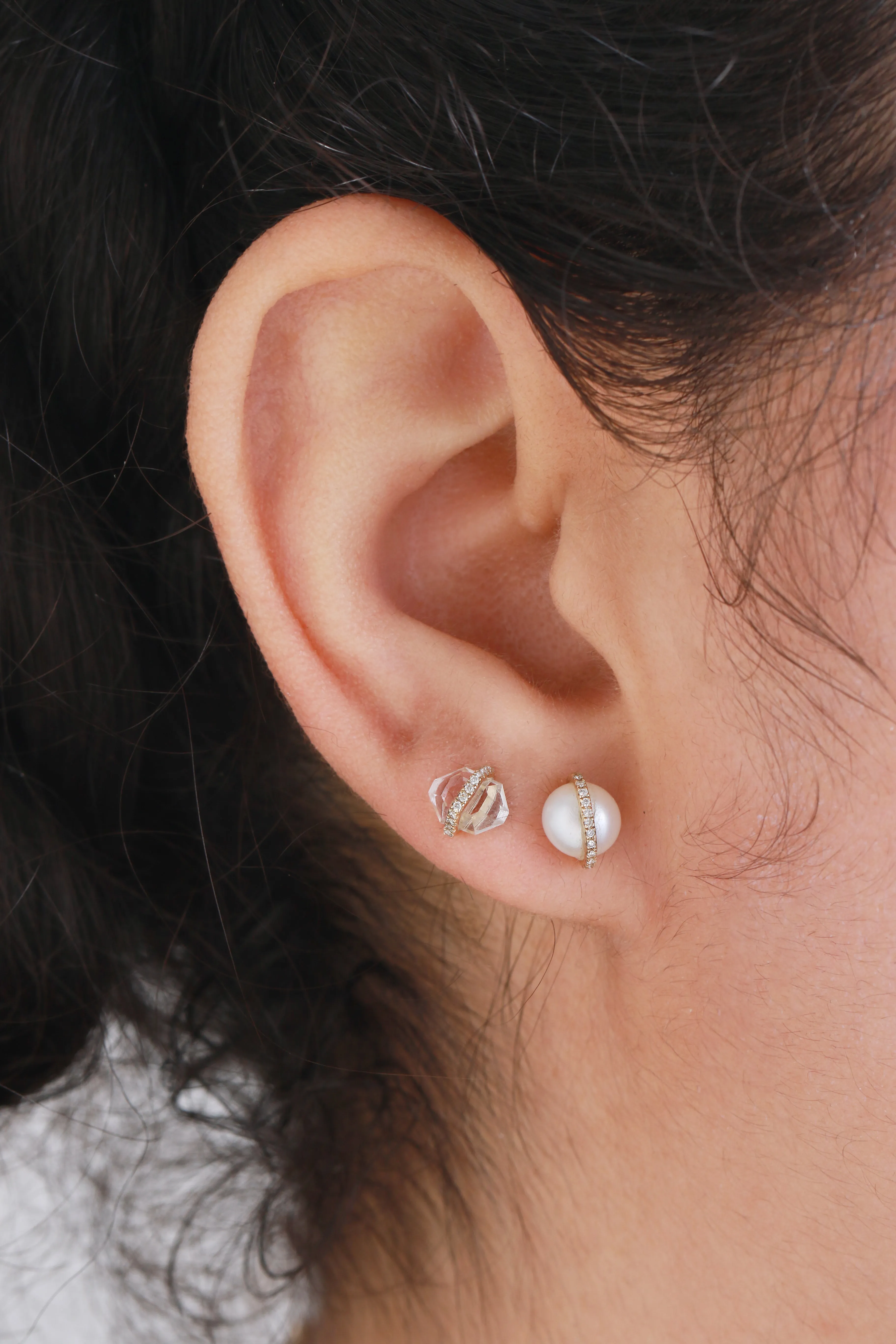 Micropave Bezel Wrapped Pearl Stud Earrings