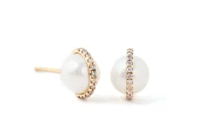 Micropave Bezel Wrapped Pearl Stud Earrings