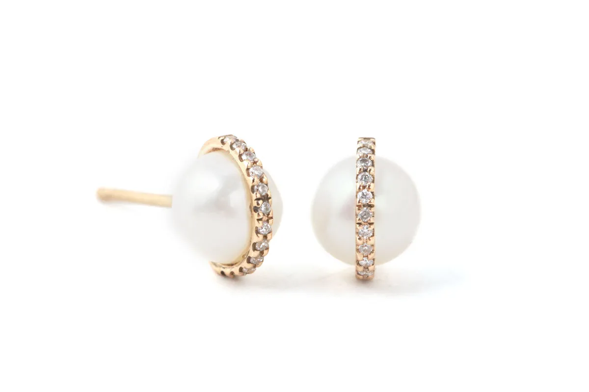 Micropave Bezel Wrapped Pearl Stud Earrings