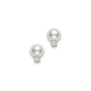 Mikimoto Yellow Gold, Diamond and A  Akoya 6mm Pearl Stud Earrings