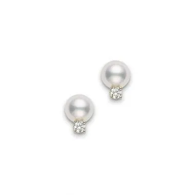 Mikimoto Yellow Gold, Diamond and A  Akoya 6mm Pearl Stud Earrings