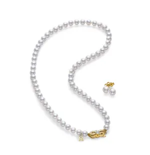 Mikimoto Yellow Gold Pearl Strand Necklace and Stud Earrings
