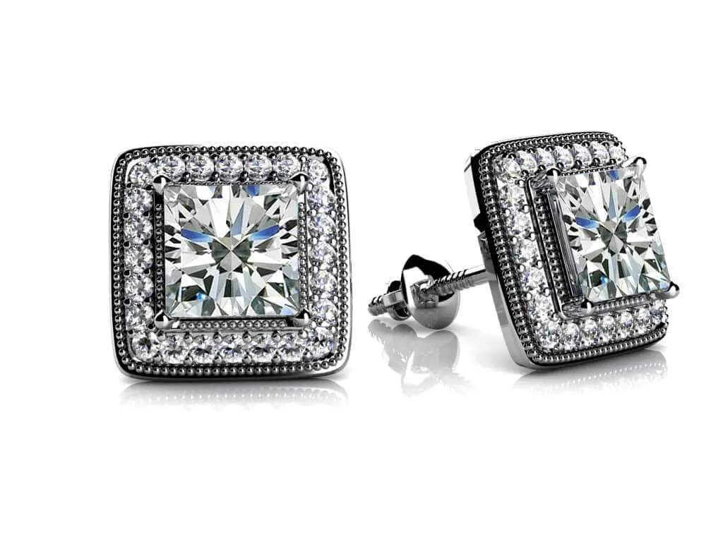 Milgrain Princess Cut Diamond Stud Earrings with 1.44 ct. (2X0.60 ct. center diamonds)