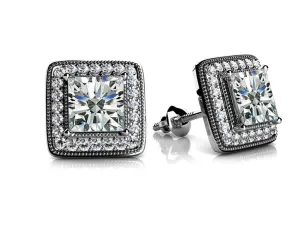 Milgrain Princess Cut Diamond Stud Earrings with 1.44 ct. (2X0.60 ct. center diamonds)