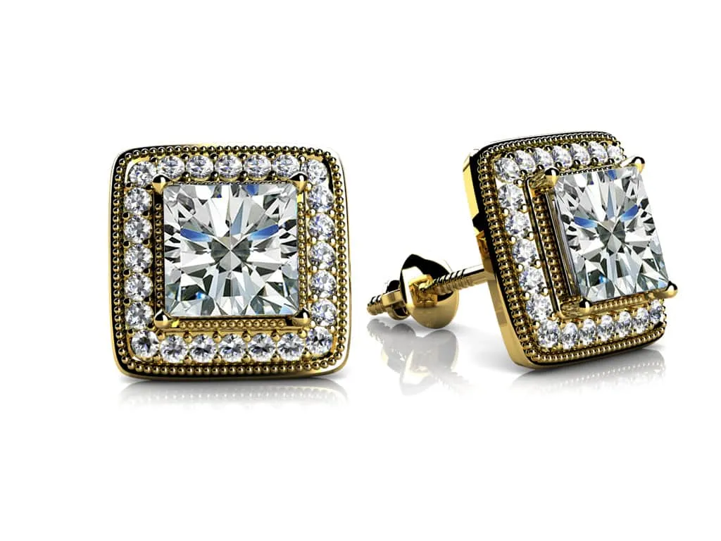 Milgrain Princess Cut Diamond Stud Earrings with 1.44 ct. (2X0.60 ct. center diamonds)