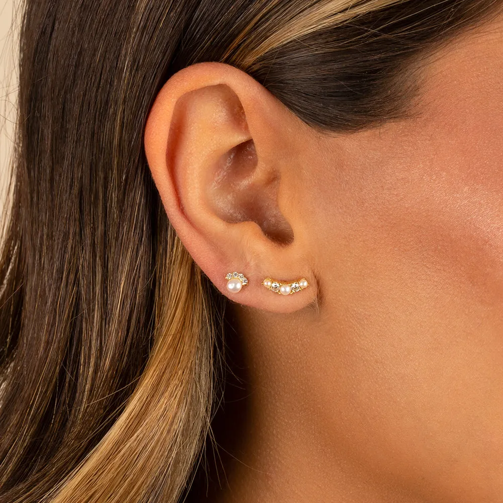 Mini Curved CZ X Pearl Stud Earring
