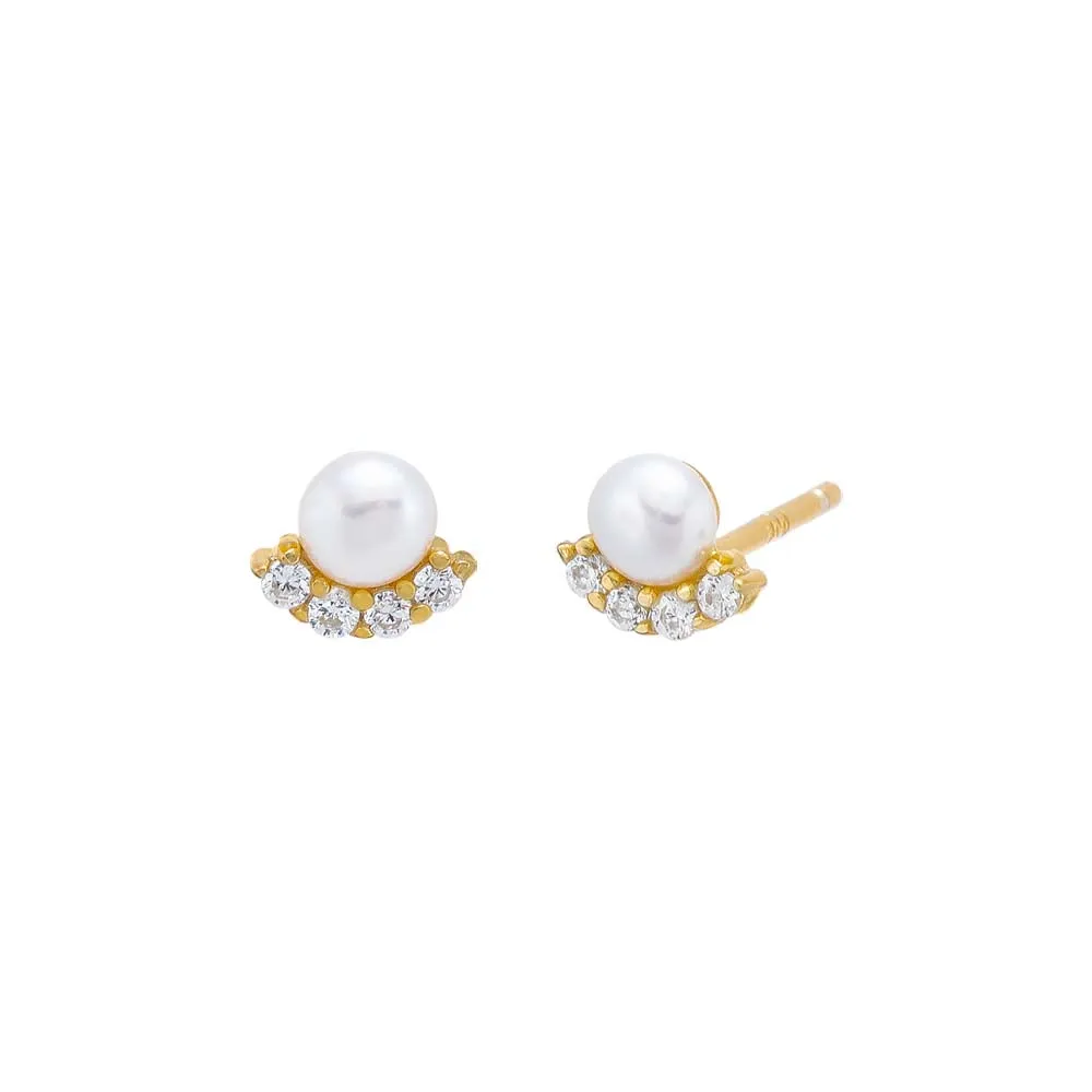 Mini Curved CZ X Pearl Stud Earring