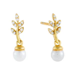 Mini Pavé Leaf x Pearl Stud Earring