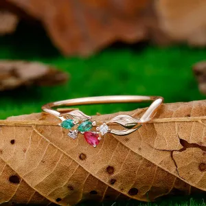 Minimalist Twig and Leaf Ruby Unique Sliver & Gold Gemstone Leaf Curved Wedding Band