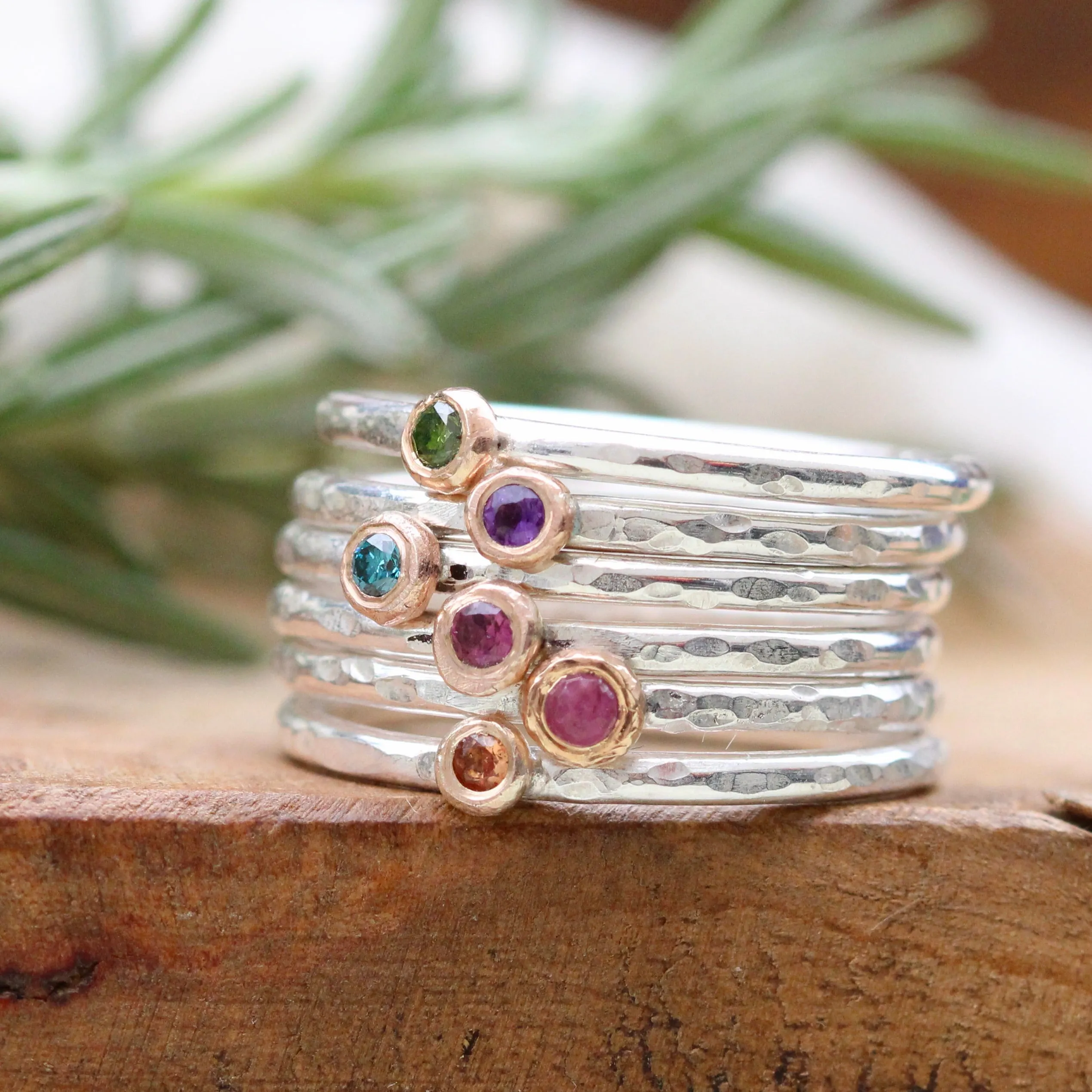 mixed metal gold and sterling silver Green Diamond stacking ring