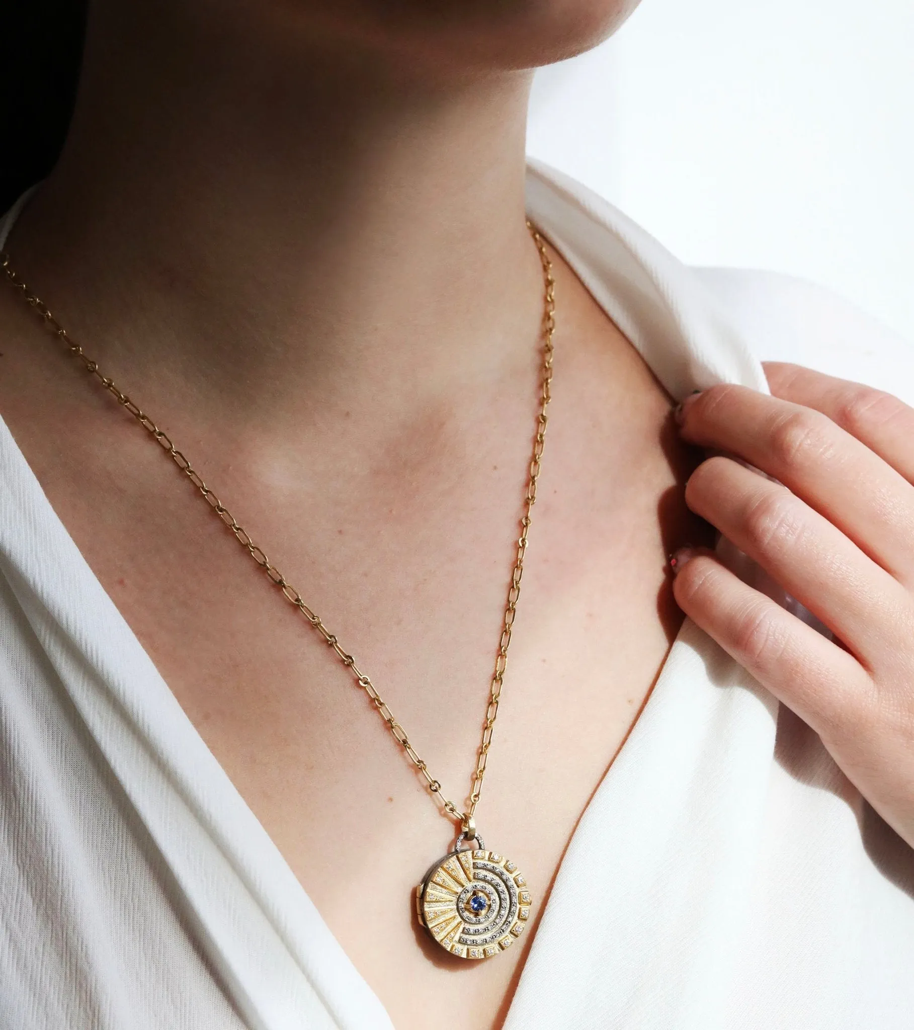 Mixed Metal "Radia" Locket with Diamonds & Center Blue Sapphire
