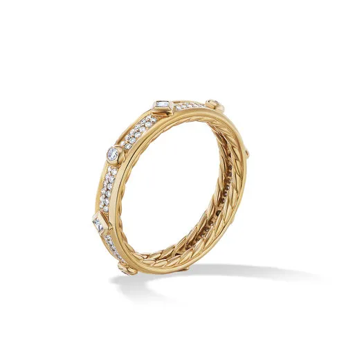 Modern Renaissance Band Ring in 18K Yellow Gold with Full Pavé Diamonds, Size 6
