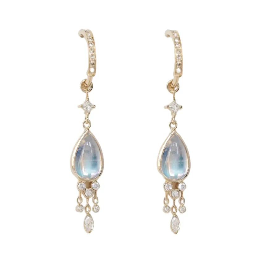 Moonstone Pear & Dangling Diamond Earrings