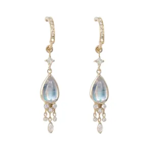 Moonstone Pear & Dangling Diamond Earrings