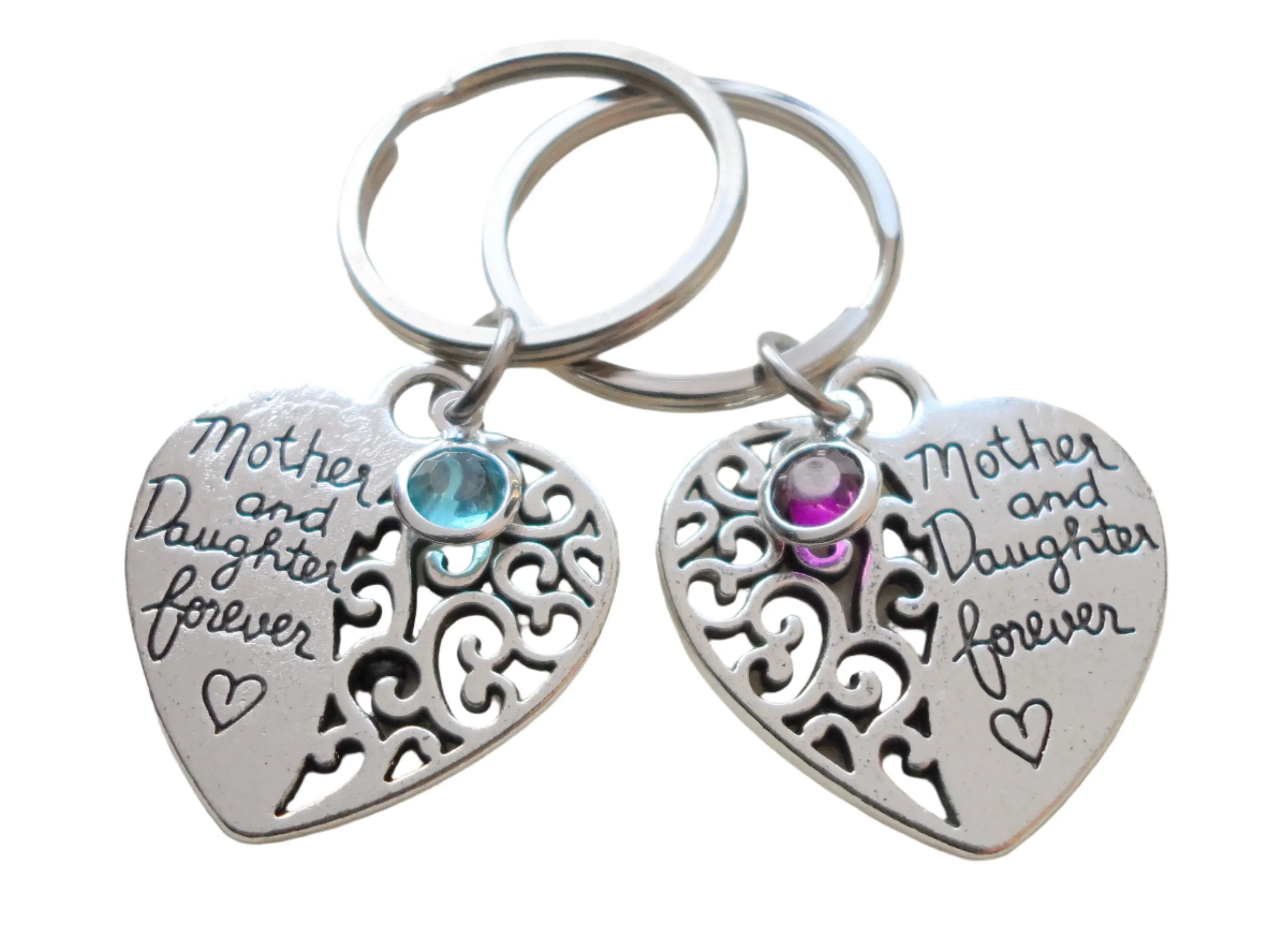 Mother and Daughter Forever Keychain Set, Custom Birthstone Charm Option