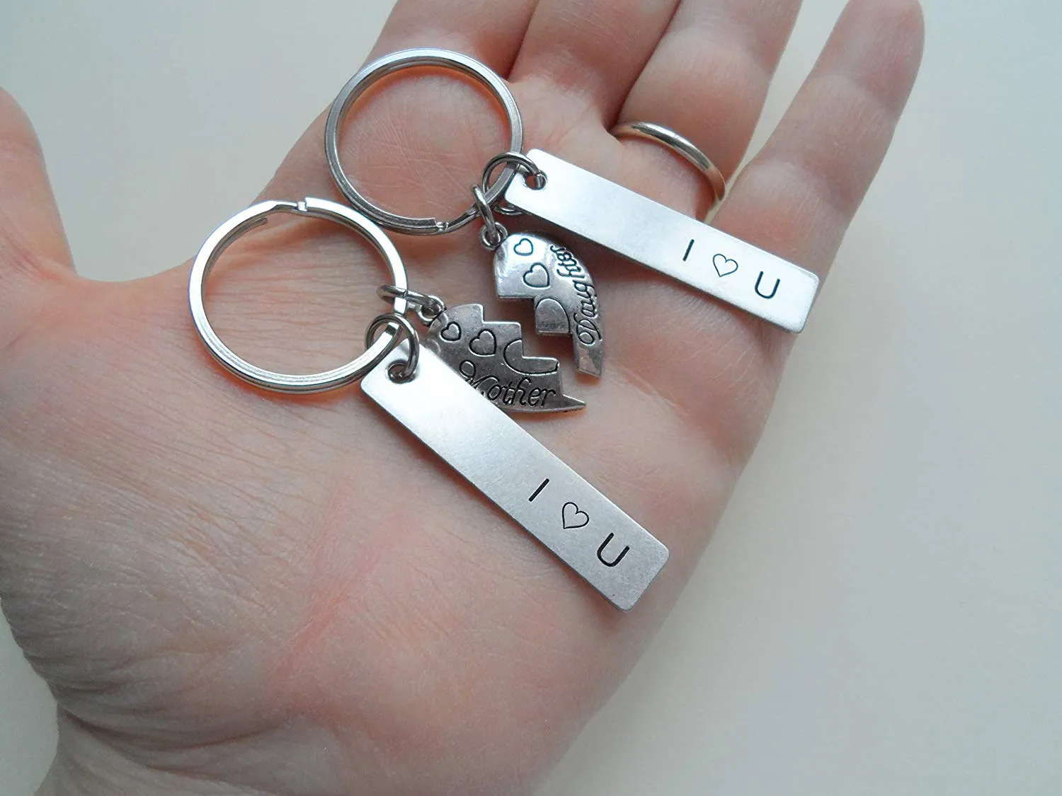 Mother Daughter Connecting Heart Keychain Set, With Engraved I Heart U Tags