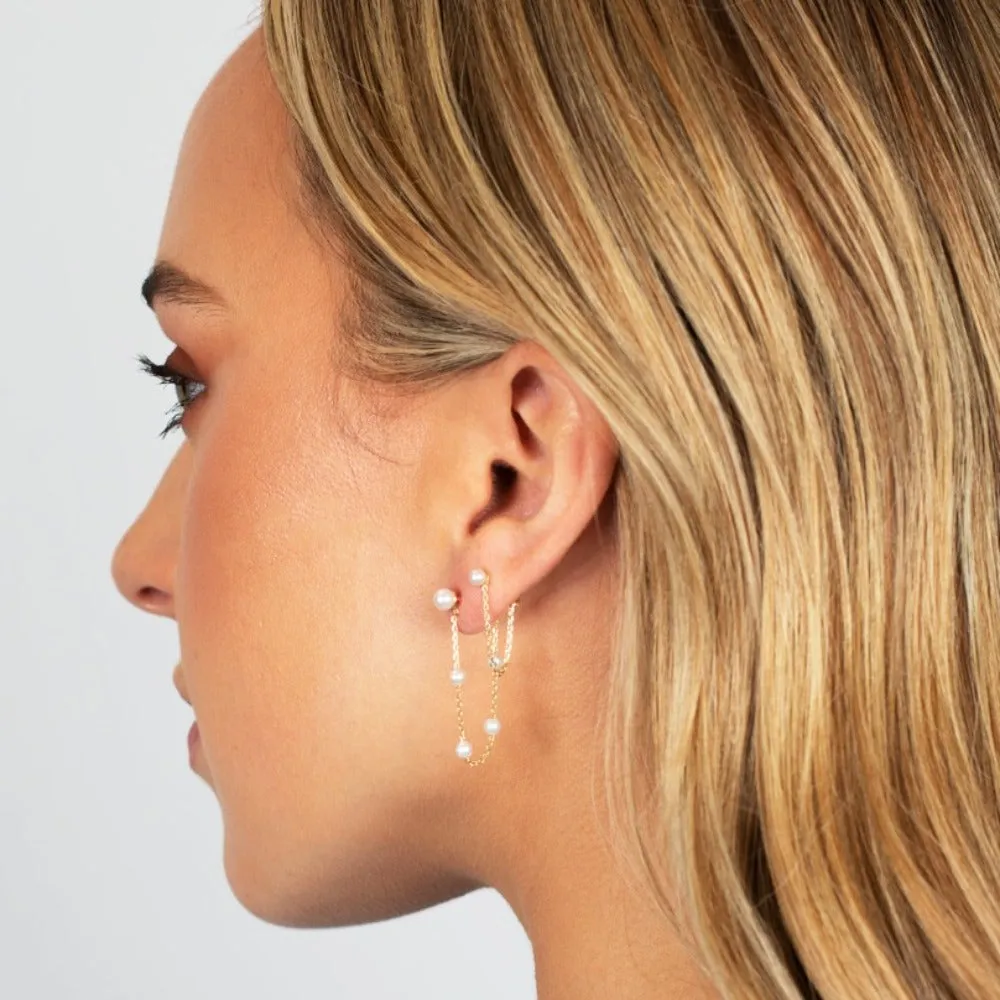 Multi Pearl Chain Front Back Stud Earring 14K