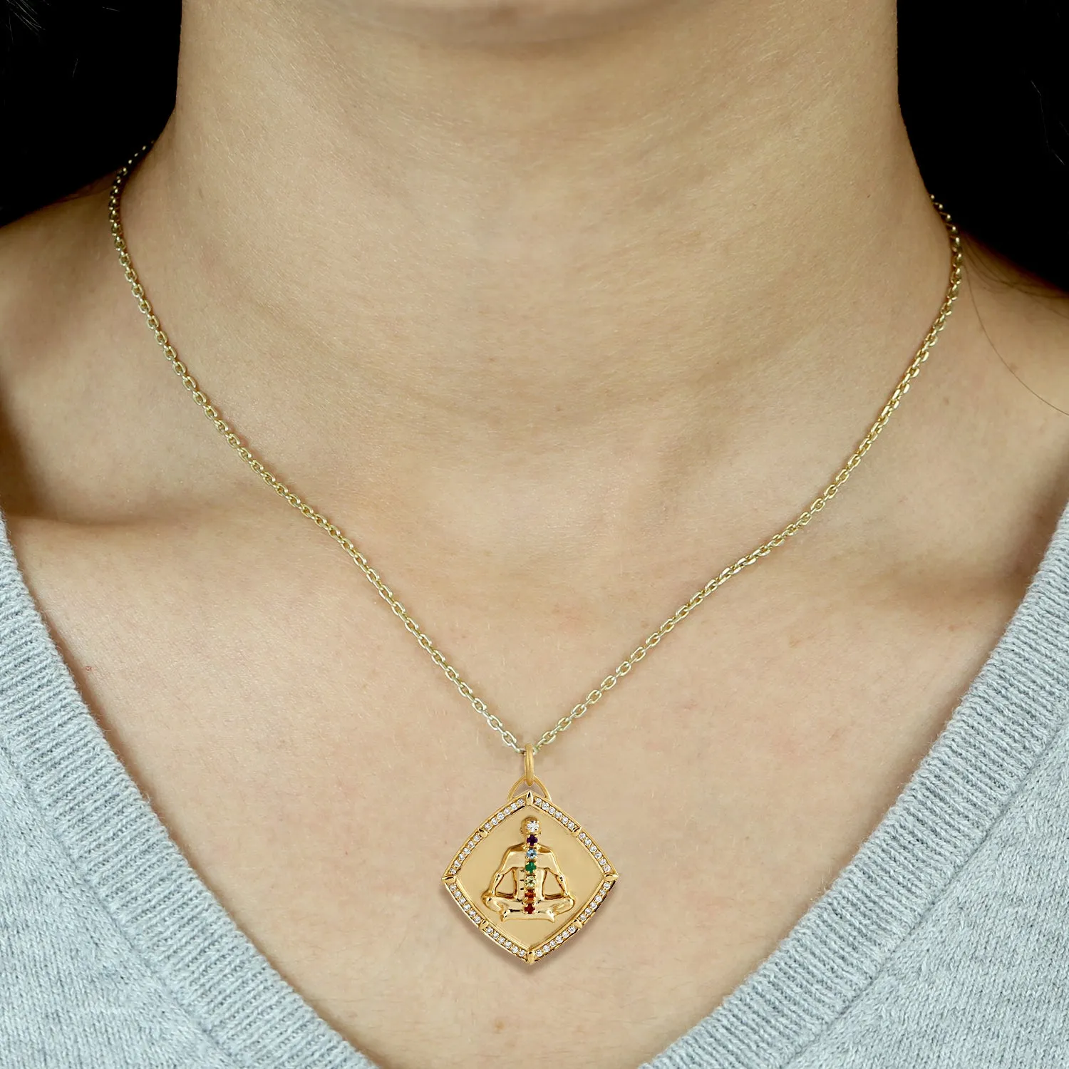 Multiple Gemstone Seven Chakra Padma Sana Yoga Pendant In 14k Yellow Gold For Everyone