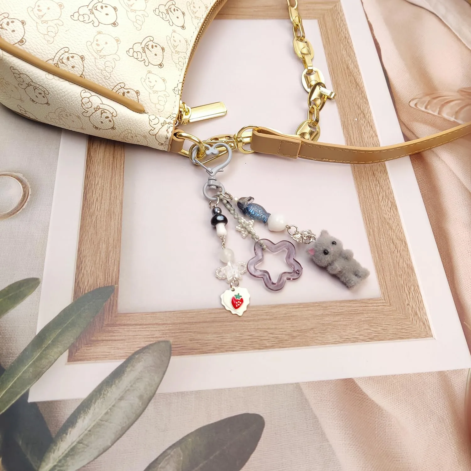 Nalefow Cute Pink Keychain, Fuzzy Cat Keychain Aesthetic Y2K Keychain Charms Stylish Keychains Accessories for Bag Charms Purse Gifts (2PCS Grey Pink Cat Sets)