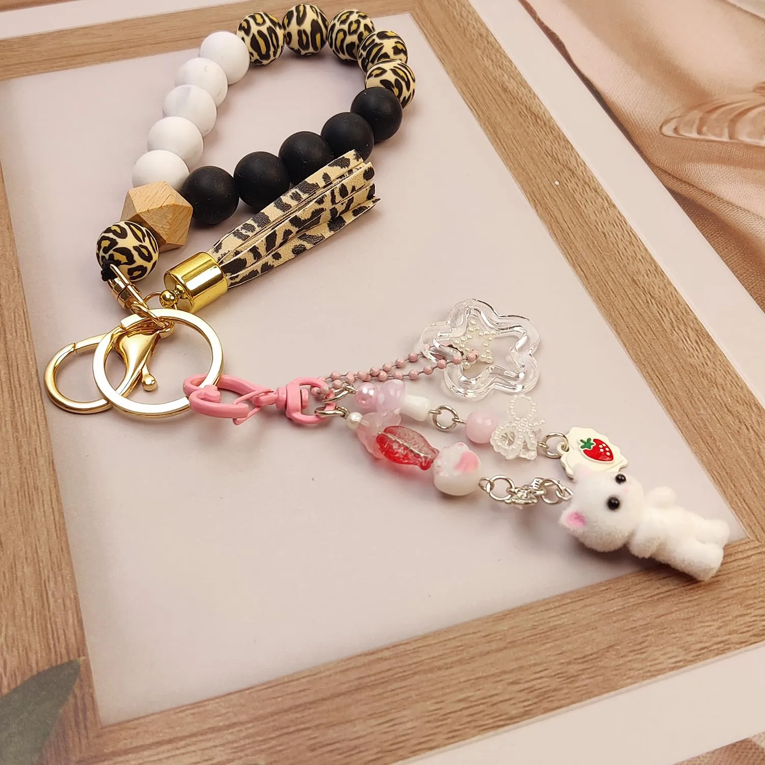Nalefow Cute Pink Keychain, Fuzzy Cat Keychain Aesthetic Y2K Keychain Charms Stylish Keychains Accessories for Bag Charms Purse Gifts (2PCS Grey Pink Cat Sets)
