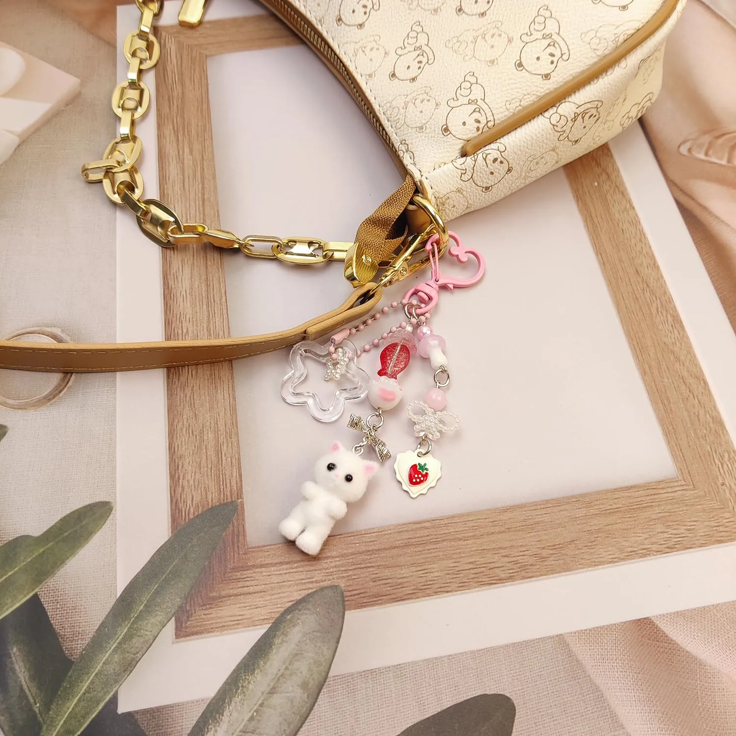 Nalefow Cute Pink Keychain, Fuzzy Cat Keychain Aesthetic Y2K Keychain Charms Stylish Keychains Accessories for Bag Charms Purse Gifts (2PCS Grey Pink Cat Sets)