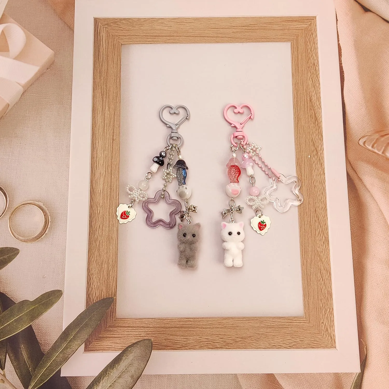 Nalefow Cute Pink Keychain, Fuzzy Cat Keychain Aesthetic Y2K Keychain Charms Stylish Keychains Accessories for Bag Charms Purse Gifts (2PCS Grey Pink Cat Sets)