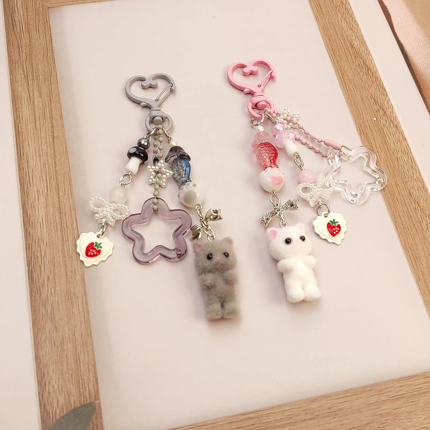 Nalefow Cute Pink Keychain, Fuzzy Cat Keychain Aesthetic Y2K Keychain Charms Stylish Keychains Accessories for Bag Charms Purse Gifts (2PCS Grey Pink Cat Sets)
