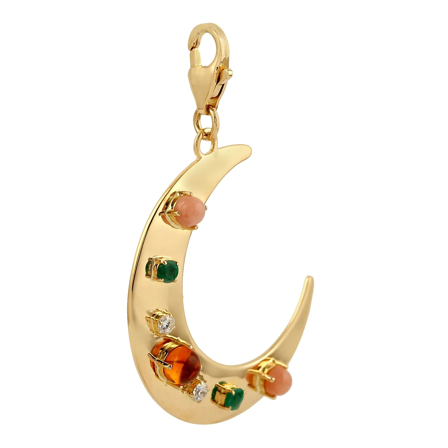 Natural Citrine Emerald Diamond Crescent Moon Charm pendant In 18k Yellow Gold
