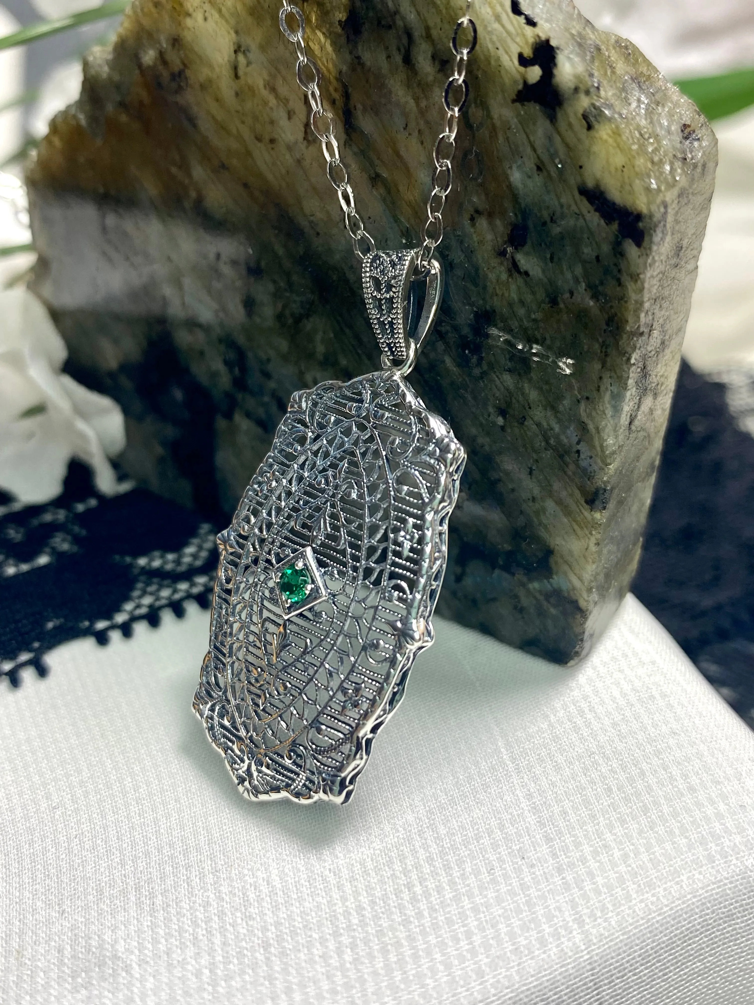 Natural Emerald Pendant with optional Earrings, Rococo Inspired Vintage Revival Jewelry #S358