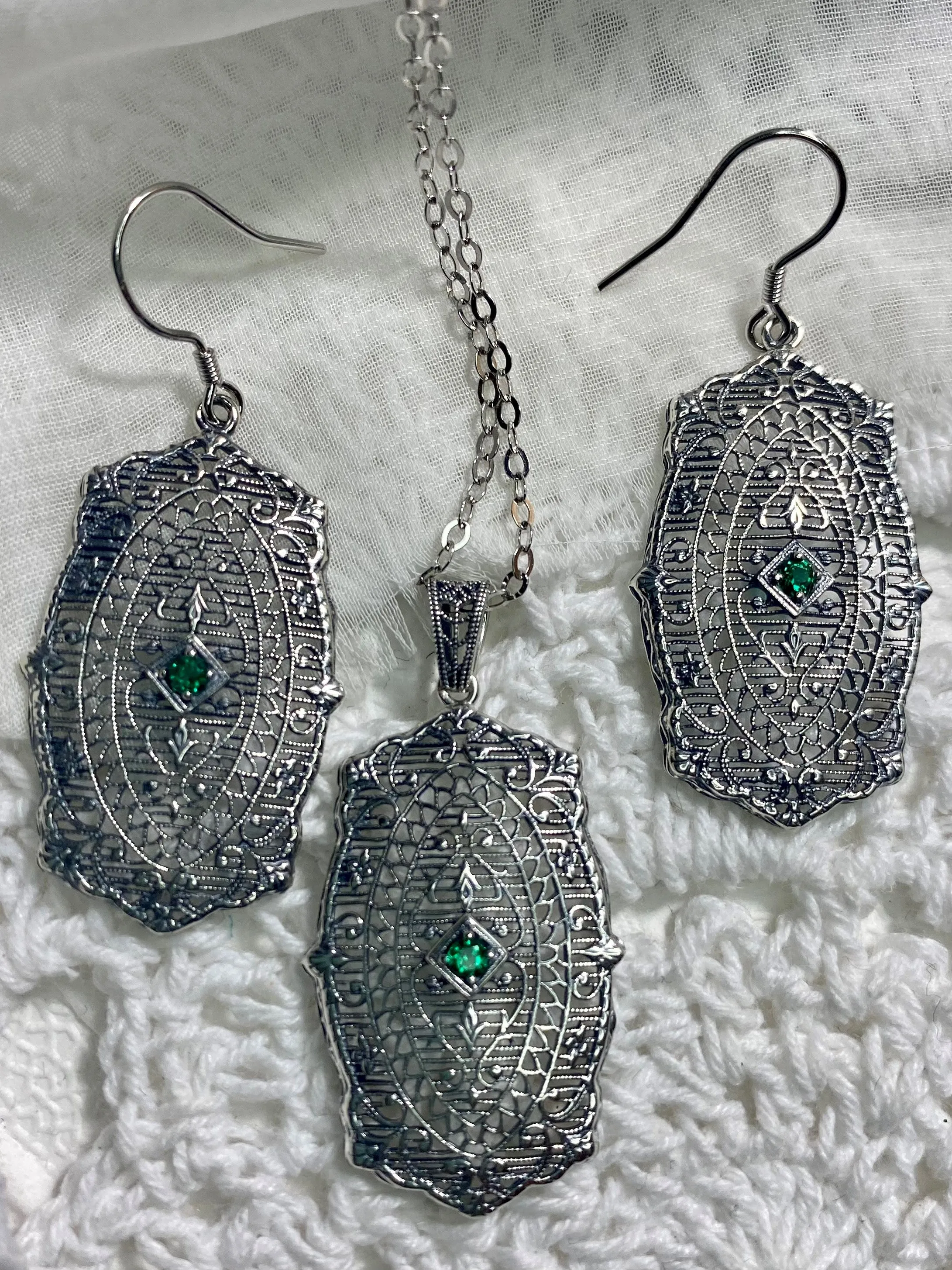 Natural Emerald Pendant with optional Earrings, Rococo Inspired Vintage Revival Jewelry #S358