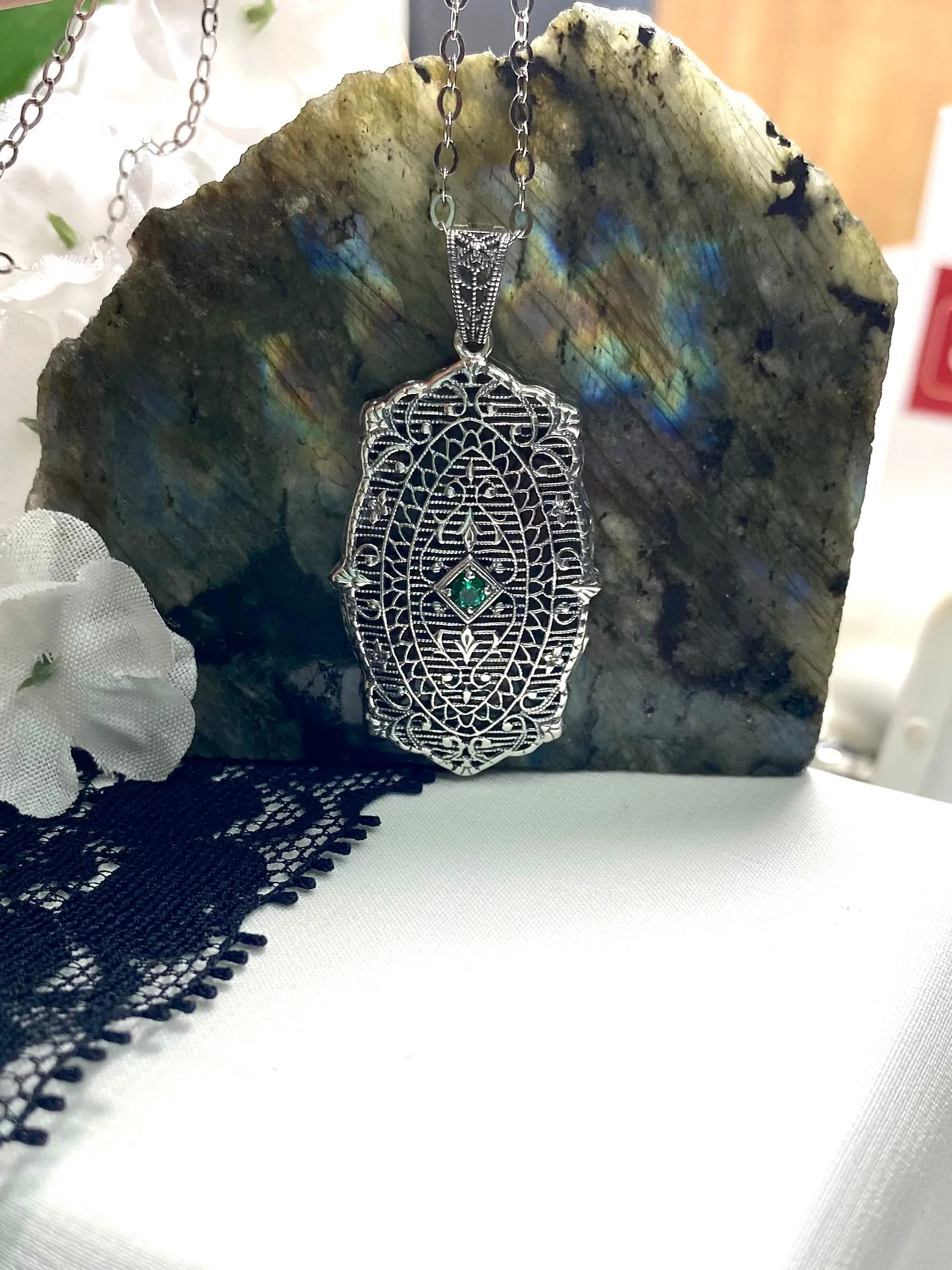 Natural Emerald Pendant with optional Earrings, Rococo Inspired Vintage Revival Jewelry #S358