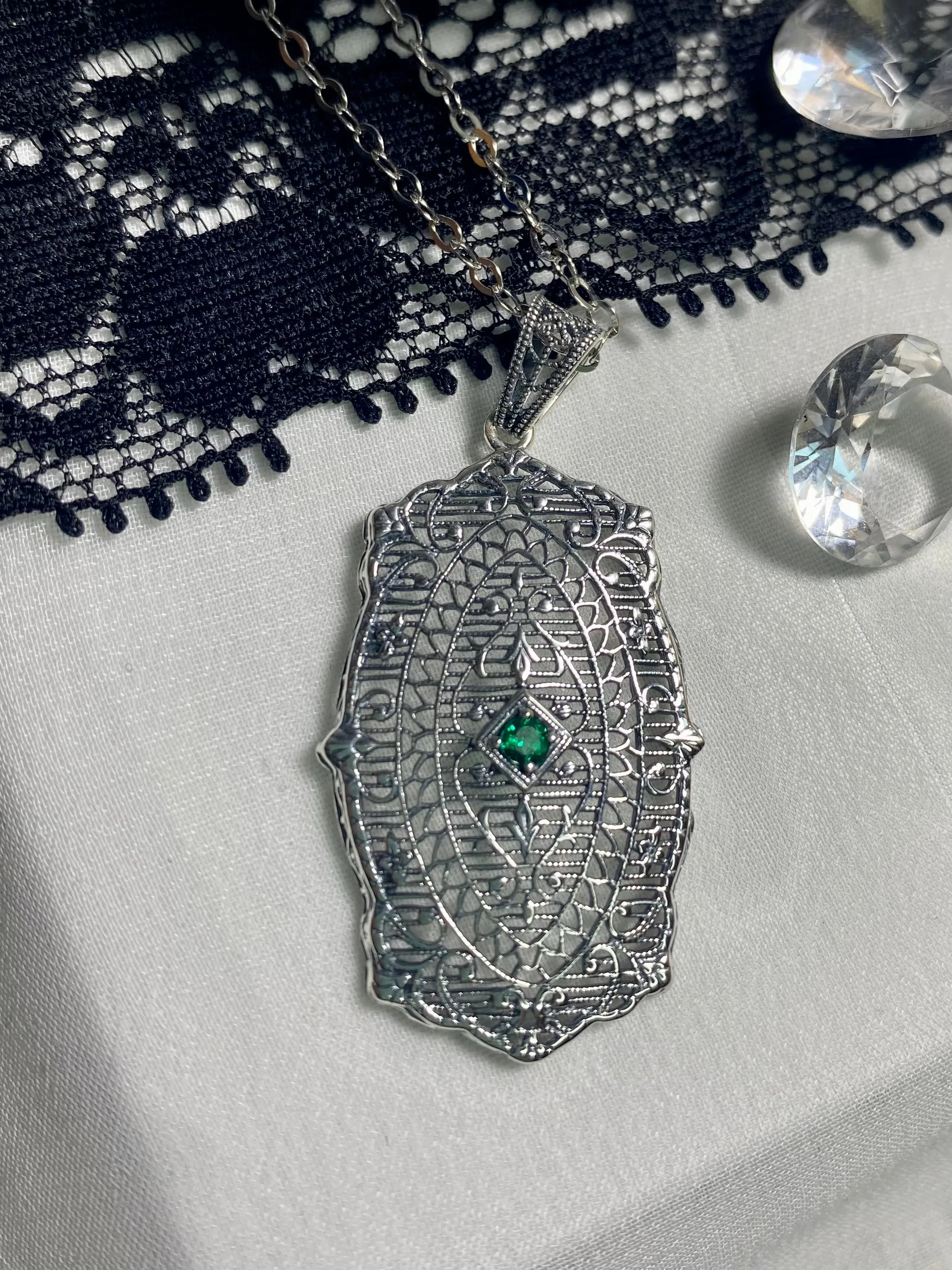 Natural Emerald Pendant with optional Earrings, Rococo Inspired Vintage Revival Jewelry #S358