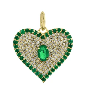 Natural Oval Cut Emerald Micro Pave Diamond Heart Pendant 14K Yellow Gold For Valentine Gifts