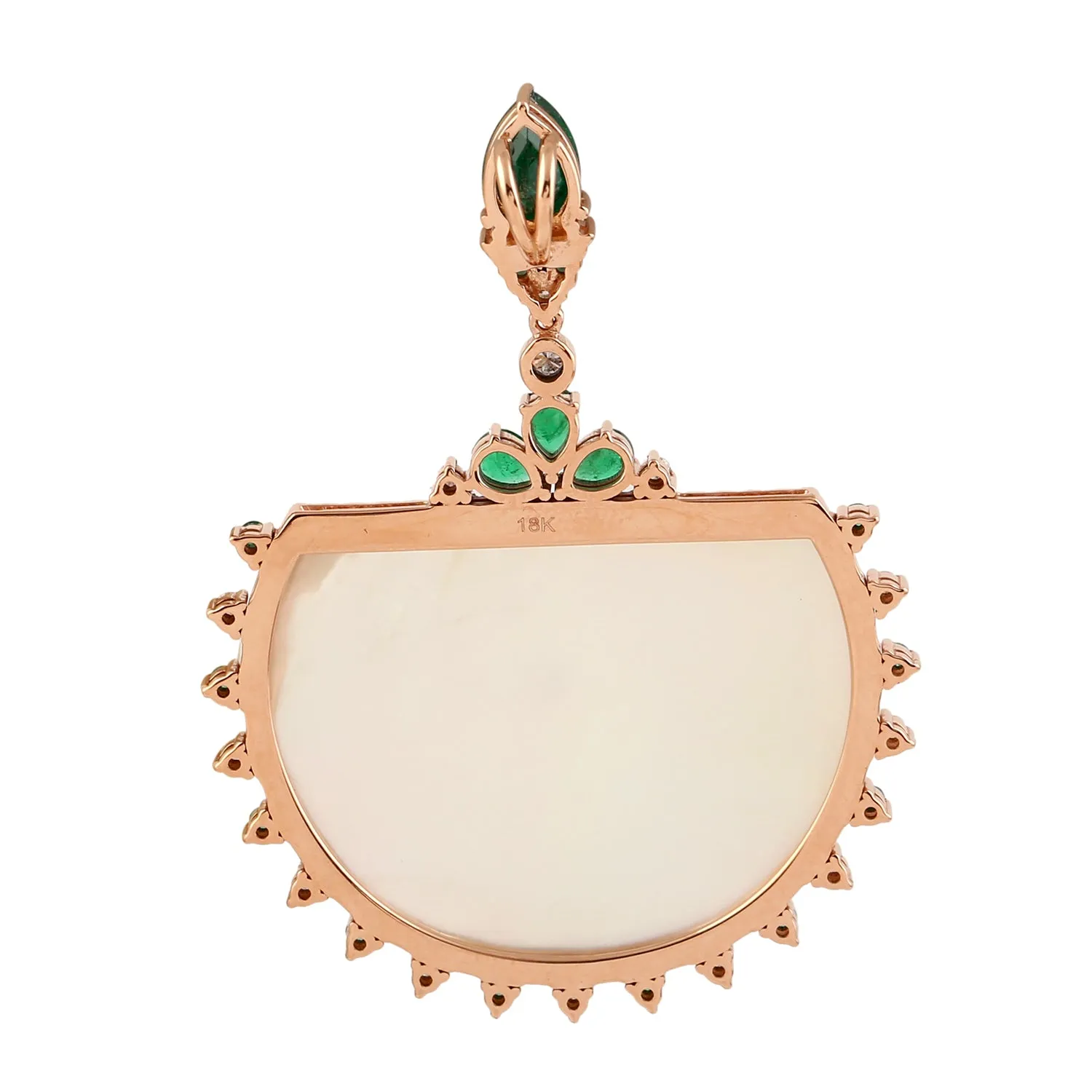Natural Pave Diamond & Emerald, Mother Of Pearl Gemstone Designer Pendant In 18k Yellow Gold