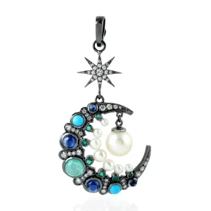 Natural Pearl Sapphire Emerald Pave Diamond Crescent Moon Charm Pendant