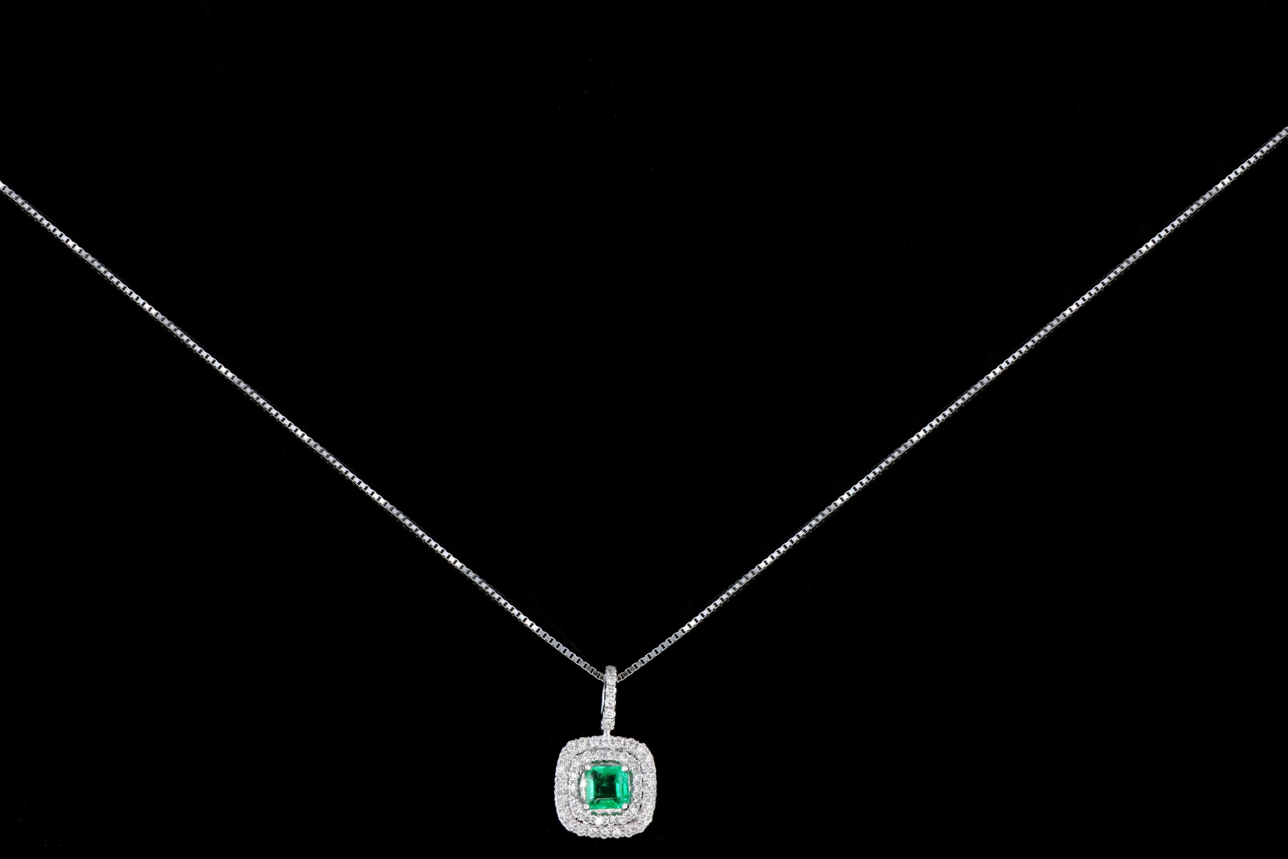 New 14K White Gold .42 Carat Emerald & Diamond Halo Pendant Necklace