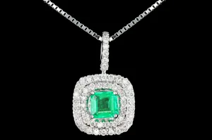 New 14K White Gold .42 Carat Emerald & Diamond Halo Pendant Necklace