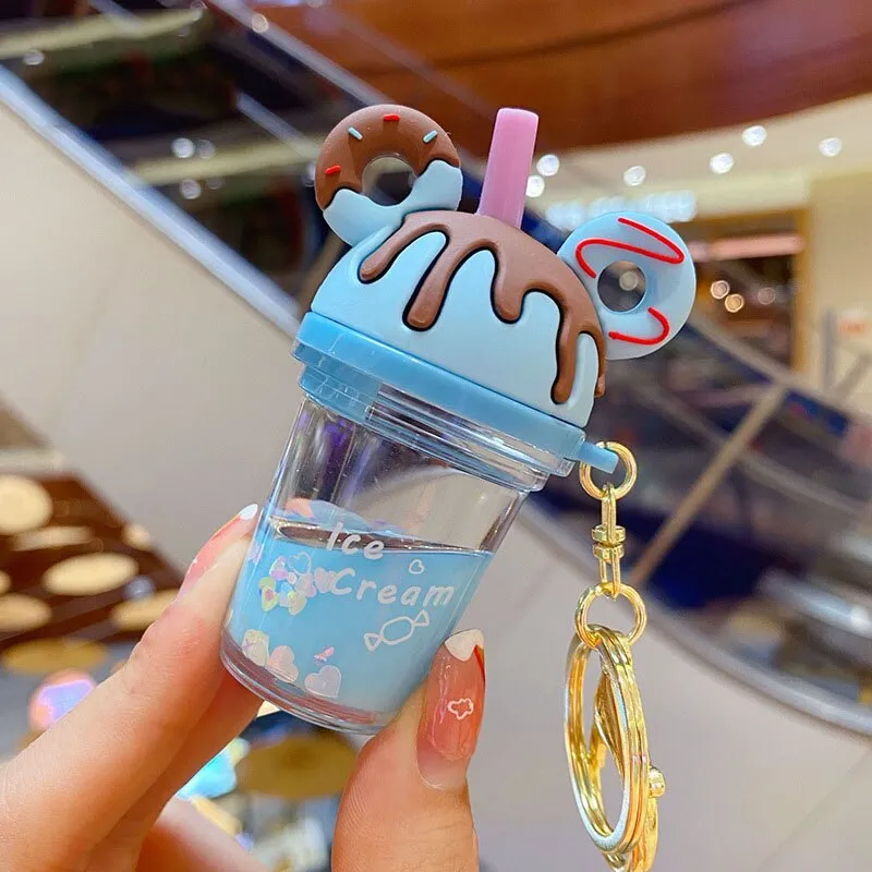 New Cartoon Cute Cat Car Keychain Creative Milk Tea Cup Liquid Crystal Quicksand Sequin Key Ring Bag Pendant for Women Bag Key