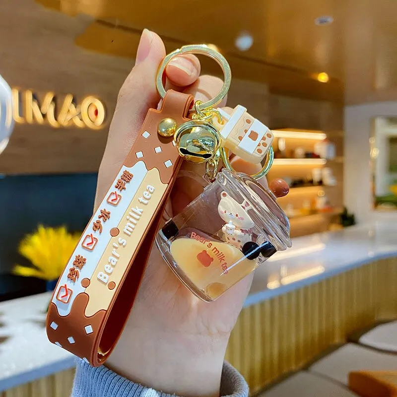 New Cartoon Cute Cat Car Keychain Creative Milk Tea Cup Liquid Crystal Quicksand Sequin Key Ring Bag Pendant for Women Bag Key