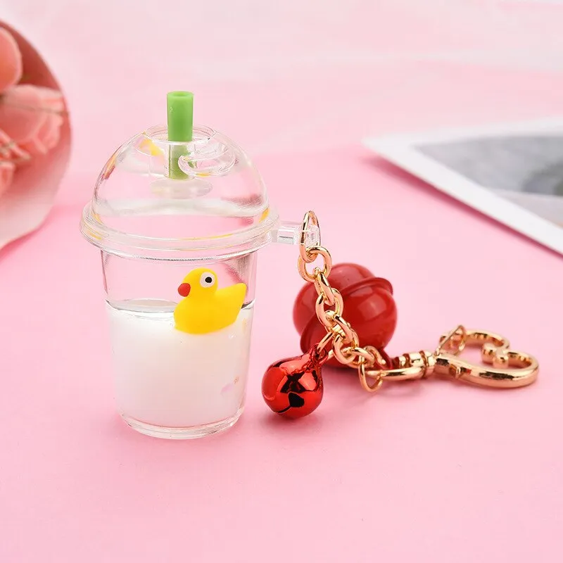 New Cartoon Cute Cat Car Keychain Creative Milk Tea Cup Liquid Crystal Quicksand Sequin Key Ring Bag Pendant for Women Bag Key
