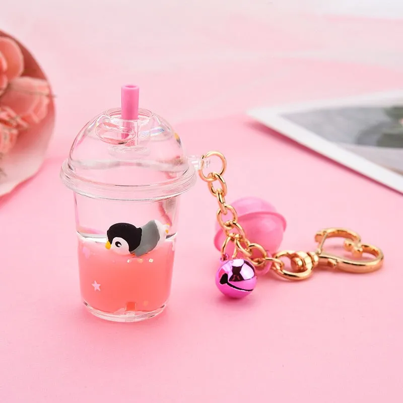 New Cartoon Cute Cat Car Keychain Creative Milk Tea Cup Liquid Crystal Quicksand Sequin Key Ring Bag Pendant for Women Bag Key