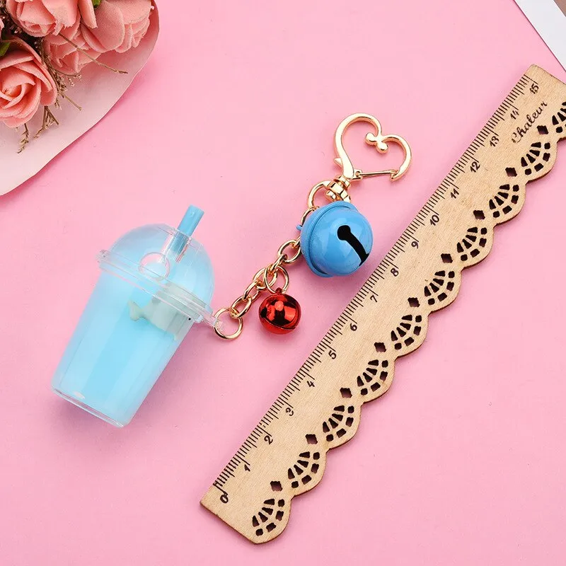 New Cartoon Cute Cat Car Keychain Creative Milk Tea Cup Liquid Crystal Quicksand Sequin Key Ring Bag Pendant for Women Bag Key