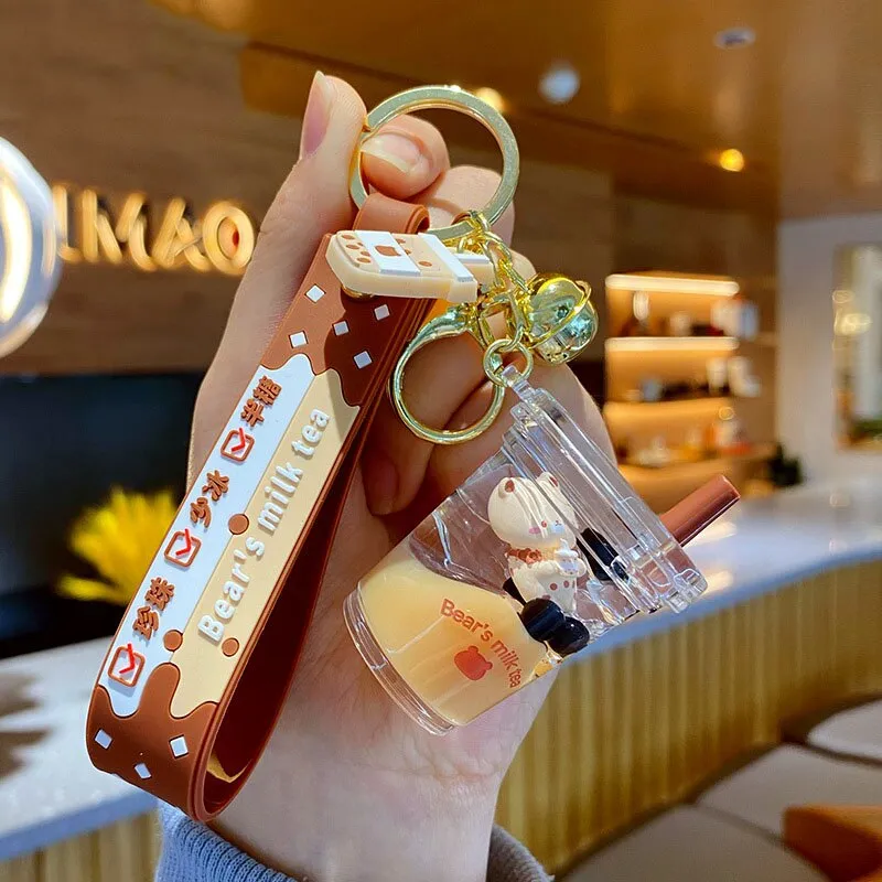 New Cartoon Cute Cat Car Keychain Creative Milk Tea Cup Liquid Crystal Quicksand Sequin Key Ring Bag Pendant for Women Bag Key