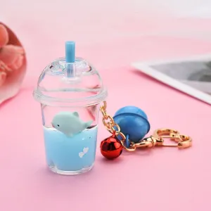 New Cartoon Cute Cat Car Keychain Creative Milk Tea Cup Liquid Crystal Quicksand Sequin Key Ring Bag Pendant for Women Bag Key