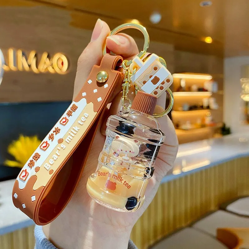 New Cartoon Cute Cat Car Keychain Creative Milk Tea Cup Liquid Crystal Quicksand Sequin Key Ring Bag Pendant for Women Bag Key