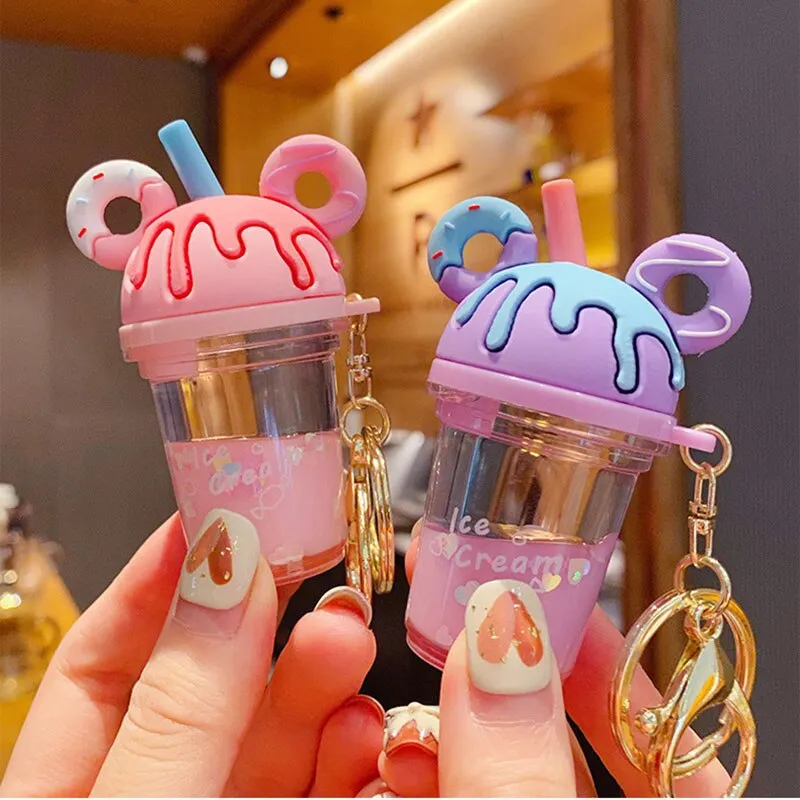 New Cartoon Cute Cat Car Keychain Creative Milk Tea Cup Liquid Crystal Quicksand Sequin Key Ring Bag Pendant for Women Bag Key